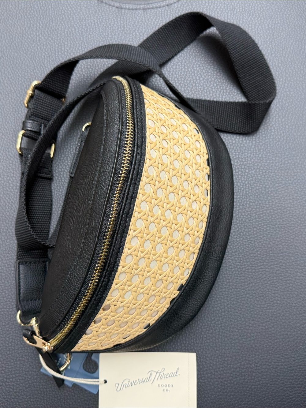 Universal Thread Black and Natural Woven Crossbody Belt Bag with Gold Hardware